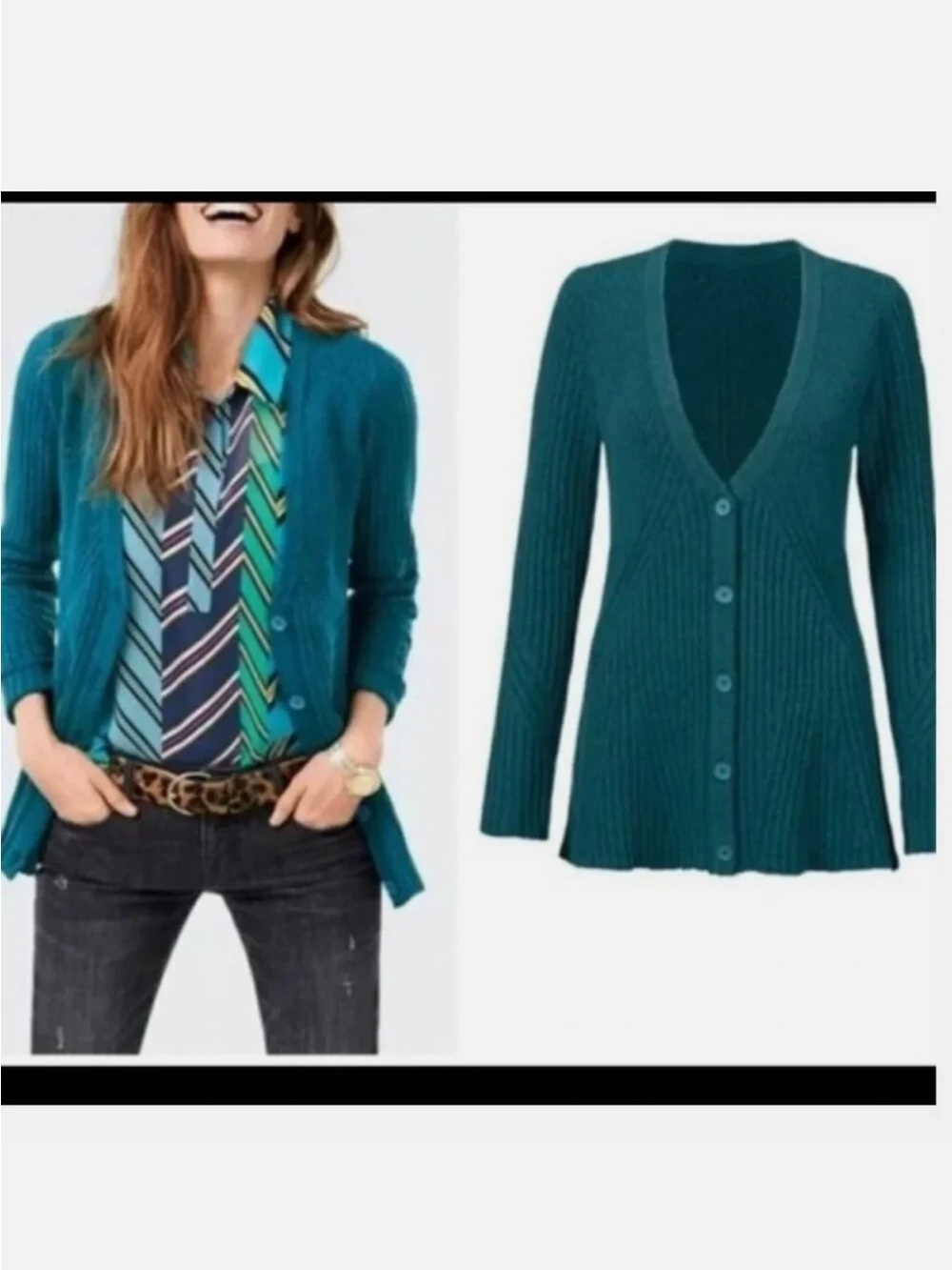 Cabi Teal Ribbed V-Neck Button Cardigan Sweater